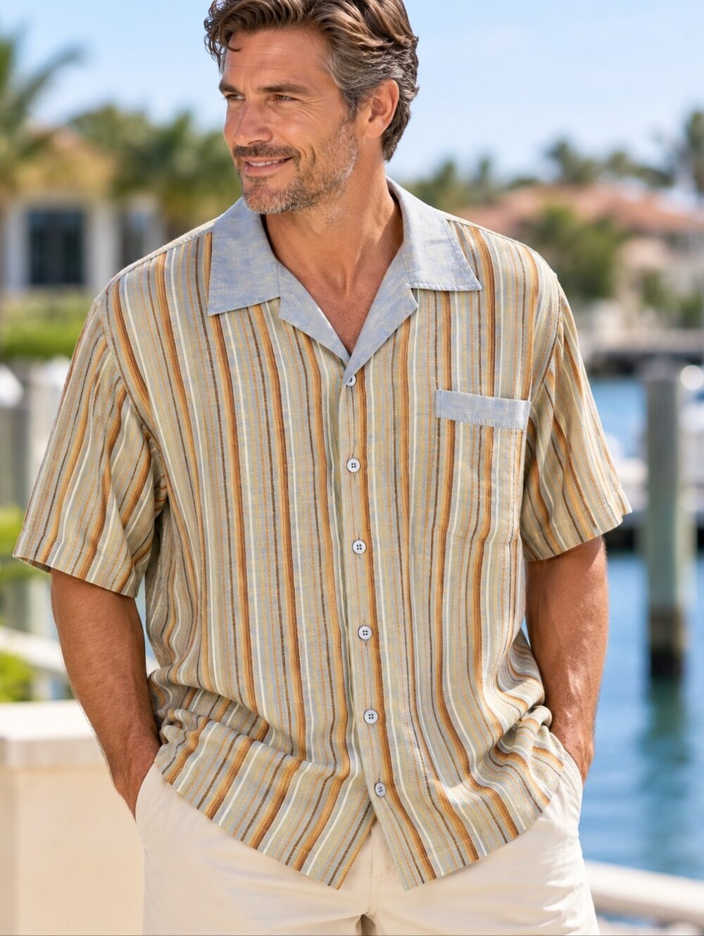Royal Prestige Y2K Linen Blue Brown S Sleeve Button Up Camp Shirt. Mens XL